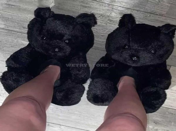 

women teddy bear plush slippers cartoon cute bear house slipper winter warm furry faux fur slides woman furry home indoor p08286531995, Black