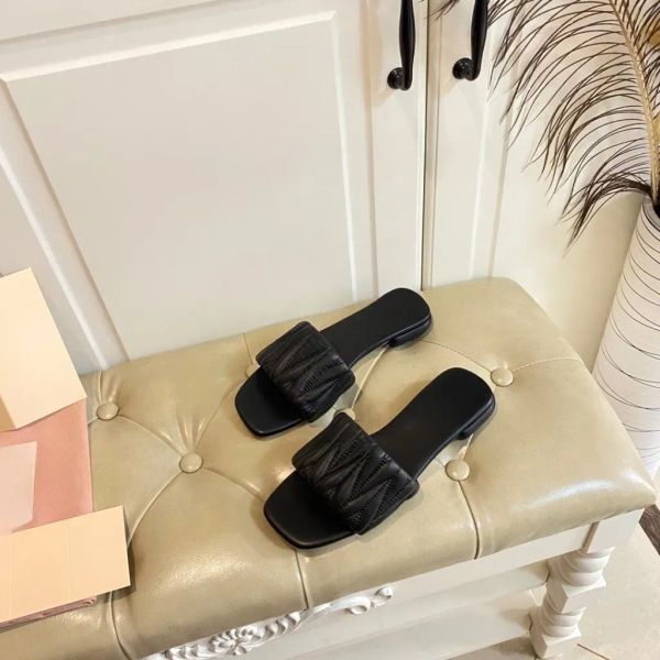 

casual shoes designer slippers matelasse slides womens sandals leather nappa new ruffled square multicolor open toe ladies flat sandal flip-, Black