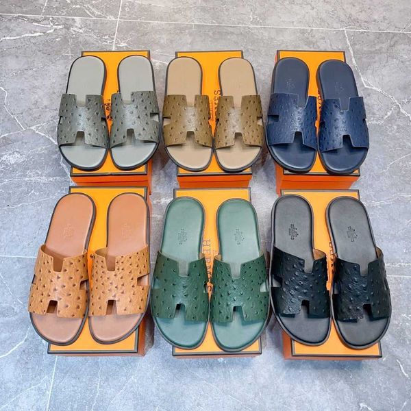 

h sandales beach korean fashion flat heel men's h slippers with genuine leather ostrich pattern clear pattern horse titles buckle beach, Black