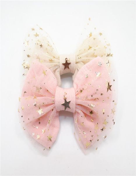 

10pcslot fairy girl hair bow clip gold copper star pendant light pink glitter star tulle bow knot barrette sweet hairpin2787402, Slivery;white