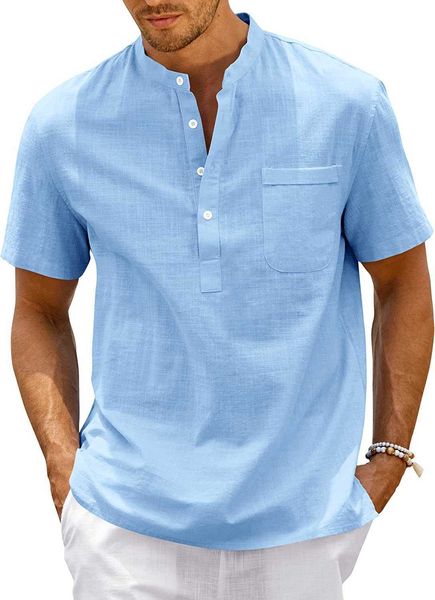

enjoybuy men's linen henry shirt summer beach short sleeve loose t-shirt button lightweight clothing 1t2i, White