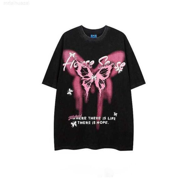 

small butterfly graffiti water wash short sleeve t-shirt for men and women american high street dark style couple 5/4, White;black