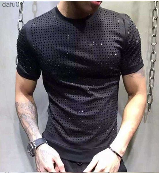 

men's t-shirts s-5x drill t-shirt european style rhinestones men's short sleeve man heavy industry t-shirt l230520, White;black