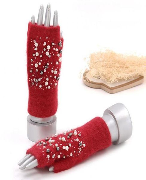 

five fingers gloves winter warm knitted fingerless hair korean fashion pearl bead budding unique hand warmers factory direct 1154309, Blue;gray