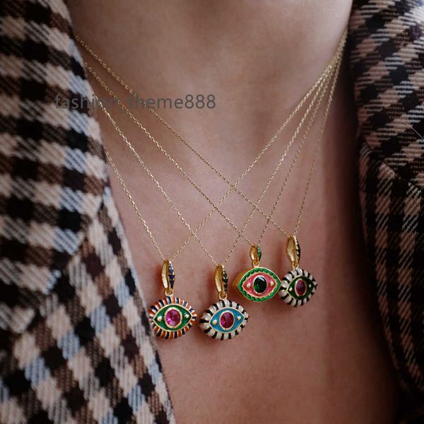 

fashion jewelry 14k gold plated cuban chain colorful enamel devil eye necklace no fade stainless steel cz evil eyes necklace, Silver