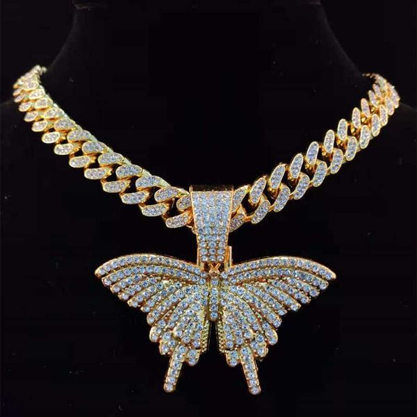 

men women hip hop butterfly pendant necklace with 13mm miami cuban chain iced out bling hiphop necklaces fashion charm jewelry, Silver