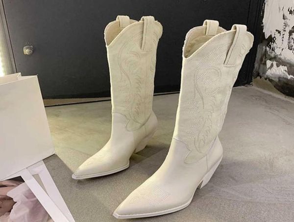 

fashion canvas women knee high boots high heel western cowboy boots embroider pointed shoes female winter motorcycle boots 2109076370568, Black