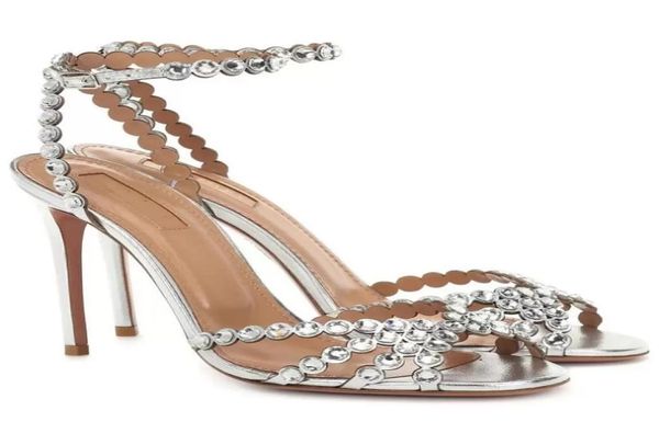 

summer luxury tequila leather sandals shoes for women strappy design crystalembellish high heels party wedding dress lady sa1436610, Black
