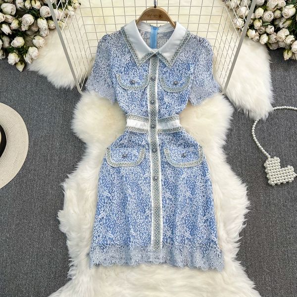 

high end light luxury retro style short sleeved lapel with waistband slim and medium length a-line tassel lace dress, Black;gray