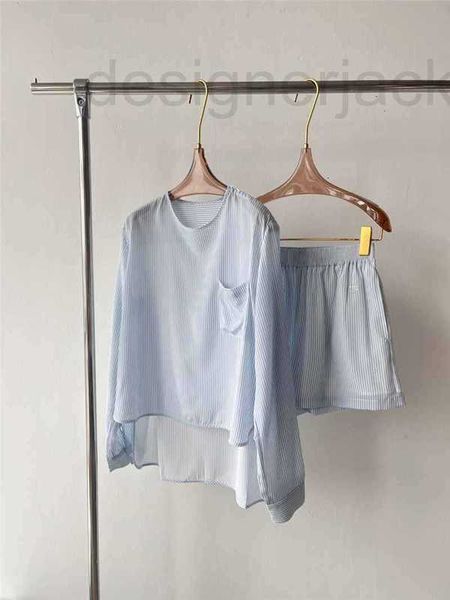 

women's sleep & lounge designer 2023 spring/summer new fresh lazy crepe de chine silk stripe front short back long shirt shorts set 6ya