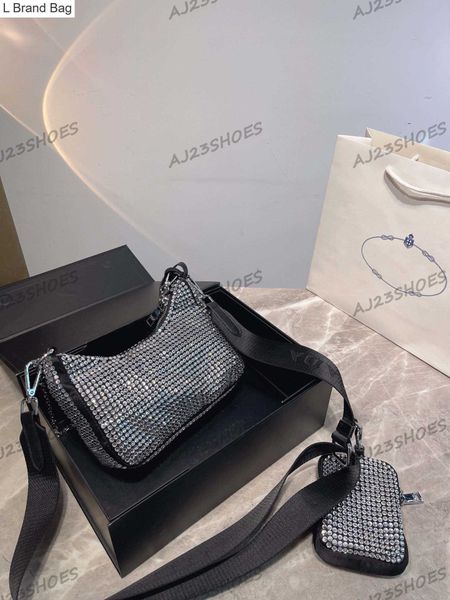 

l brand bag 22c womens crossbody designer bags with pouch 2 in 1 solid color rhinestone shoulder bag classic handbags diamond triangle badge, Black