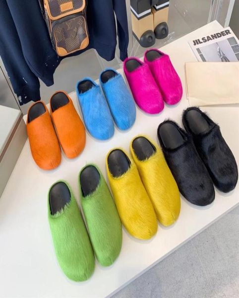 

fashion fur slippers women round toe horse hair slides female mohair black rose red green mules shoes flat half slipper woman casu4863939