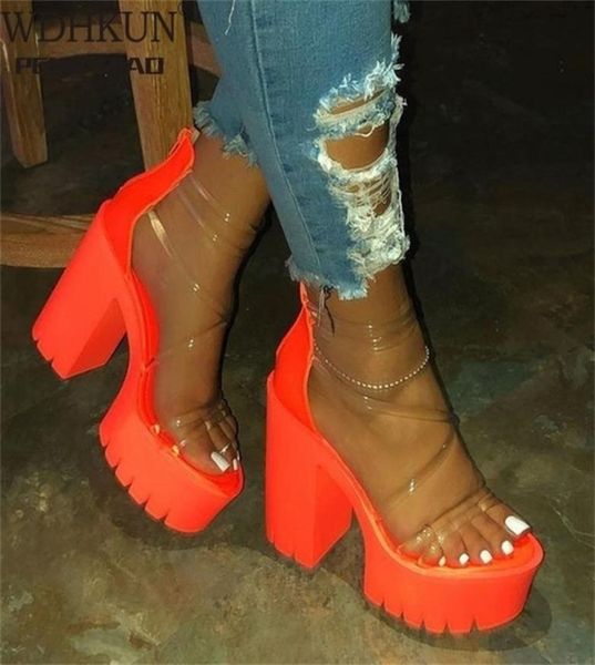 

night club party platform chunky heel sandals summer plus size shoes transparent gladiator women 2206233491023, Black