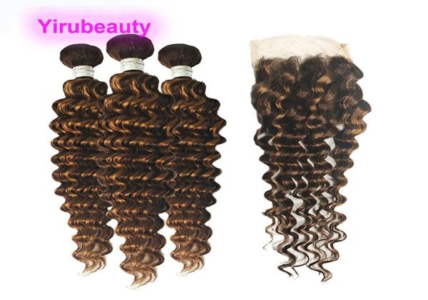 

brazilian human hair p427 deep wave 3 bundles with 4x4 lace closure baby hair piano color9796007, Black;brown