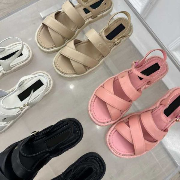 

2023 designer sandals women espadrilles lambskin leather flat heels strap gold interlocking c buckle wedding dress shoes logo paseo dad sand, Black