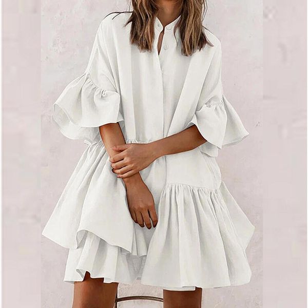 

dresses summer solid dress for women cascading ruffle formal mini dresses ladies elegant butterfly sleeve party shirt dress vestidos, Black;gray