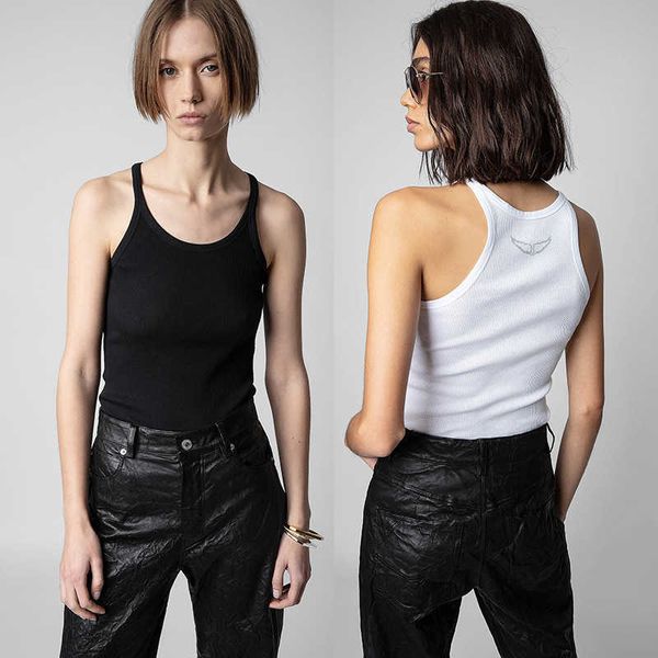 

23ss zadig voltaire women designer tanks summer fashion new small wing printed herringbone thread elastic fabric slim fit hem split adies ve, White