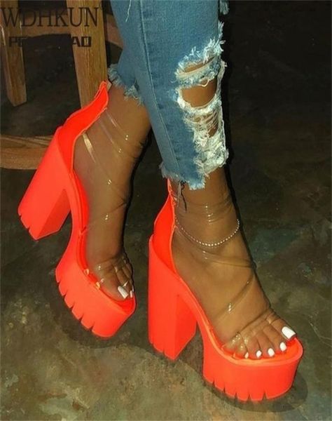 

night club party platform chunky heel sandals summer plus size shoes transparent gladiator women 2206232546911, Black