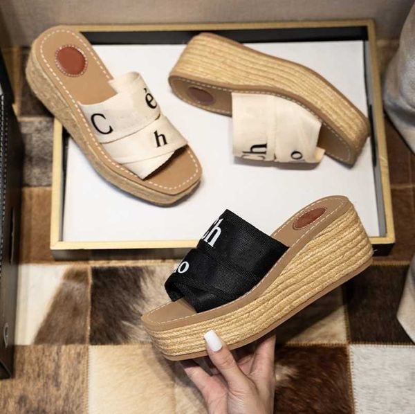 

women designer platform sandals woody slippers branded wedge heels mules glyn espadrille white printing letter canvas flat slippers loafers, Black