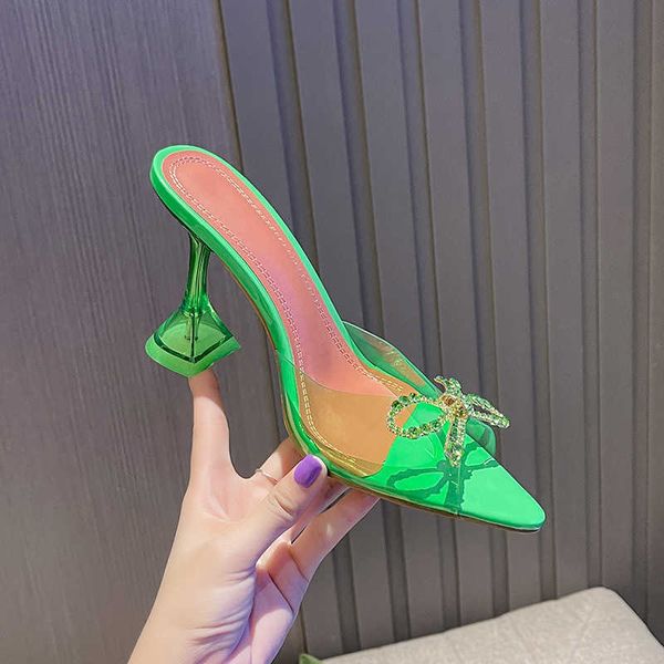 

2023 new amina muaddi bow rhinestone buckle heels crystal high fashion slippers 230526, Black