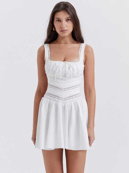 

new in 2023 sweet lace trim mini dress for women garden party clothes chic and elegant square neck wedding white dress, Black;gray