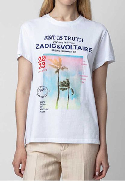 

23ss zadig voltaire summer cotton new designer t shirt coconut tree landscape white ink digital printing diamond women short sleeve fashion