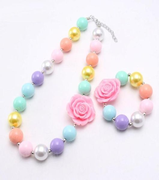 

new colorful baby girls chunky flower necklace diy beads bracelets for kids party gift handmade bubblegum jewelry6711183, Red;brown