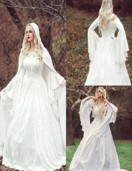 

2020 vintage gothic wedding dresses satin lace a line sweep train bohemian wedding dress custom made long sleeve bridal robes de m1823637, White
