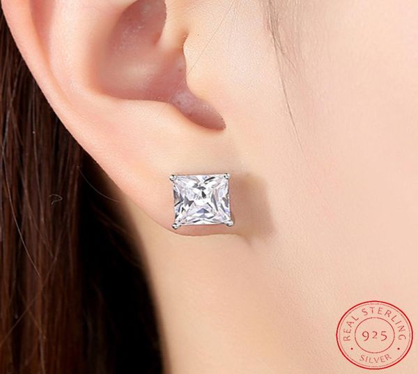 

authentic 925 sterling silver stud 8mm cubic zircon square geometric drop earrings for women wedding jewelry gift xe0758166633, Golden;silver