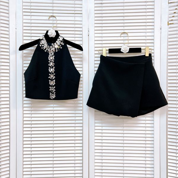 

ba028 two piece dress celebrity hanging neck set heavy rhinestone industry sleeveless short irregular a-line skirt two piece set, White
