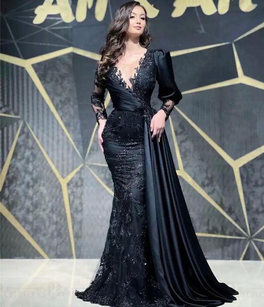 

new black mermaid evening dresses formal prom party gown v-neck long sleeve floor-length sweep train applique beaded lace satin illusion