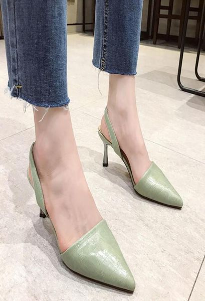 

slippers high heel slingback sandals women pointed toe pumps summer fashion closed office shoes beige yellow green6090768, Black