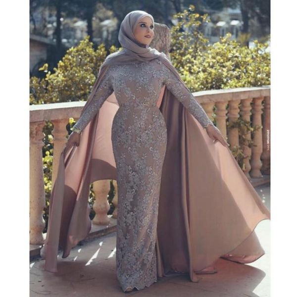 

classy muslim lace evening dresses high neck appliqued sheath plus size prom gowns with cape long sleeves vestidos de fiesta forma7830751, Black;red
