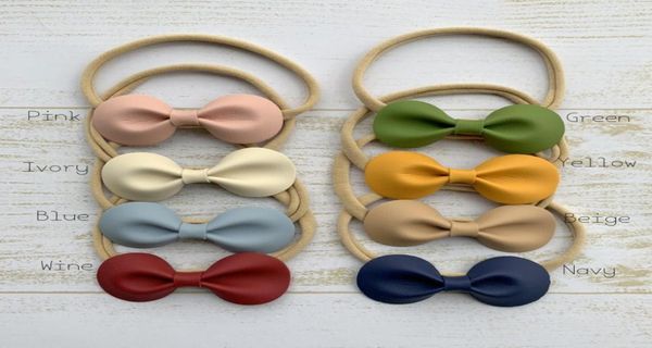 

handmade solid faux leather bow hair band nylon headband for kids girls cute soft hair accessory 24pcslot4991295, Slivery;white
