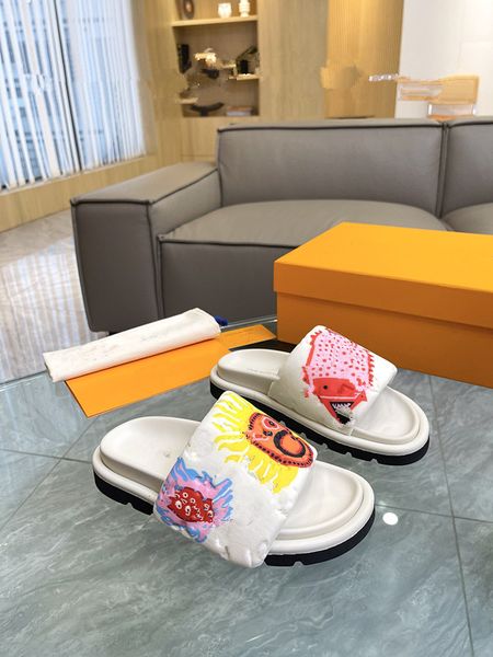 

designer sandals men women luxury slide flats thick bottom flip flops embroidered printed jelly rubber leather slippers 0516, Black