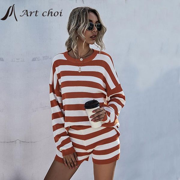 

dress new knitted 2 two piece set striped tracksuit casual outfit sweater shorts suits women jumper pullover shorts knitwear sets, White