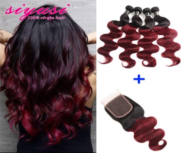 

ombre human hair bundles with closure 1b 99j burgundy body wave hair 3 bundles with closure ombre brazilian hair body wave bundles2906361, Black;brown