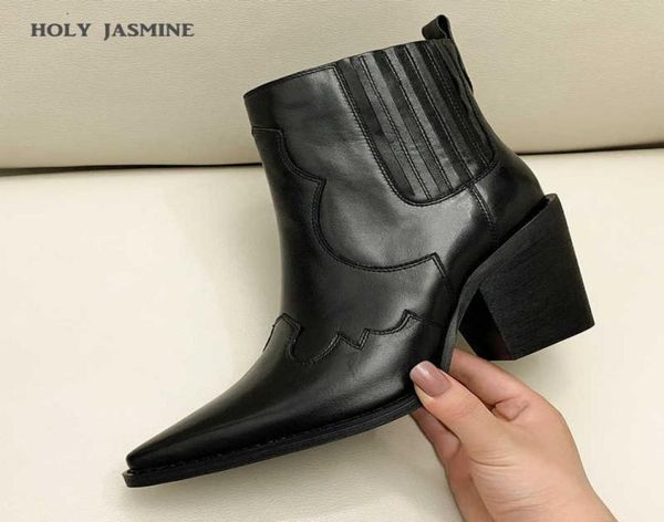 

boots suede brown pointed toe short booties woman stacked cuban heel vintage shoes slip on western cowboy boots for w7400411, Black
