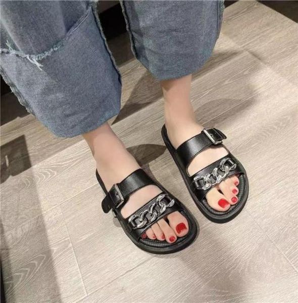 

stylishbox s21052604 34 whiteblack chain slides sandals mules causal calf skin genuine leather flats slippers5253175, Black