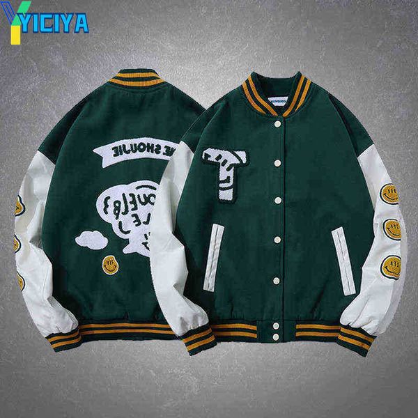 

yiciya hip hop smile face letters embroidery patchwork baseball jacket mens harajuku loose all-match pu sleeve bomber jackets couples, Black;brown