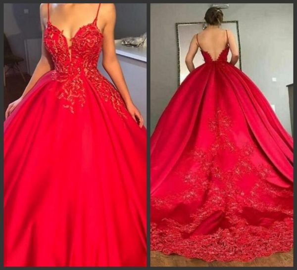 

red lace prom dresses spaghetti strap v neck lace appliques ball gown evening dresses sweep train backless cocktail party gow4700862, Black