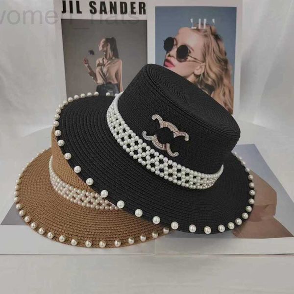 

ball caps designer summer new pearl flat straw hat women's korean version versatile leisure sunscreen small fresh french, Blue;gray