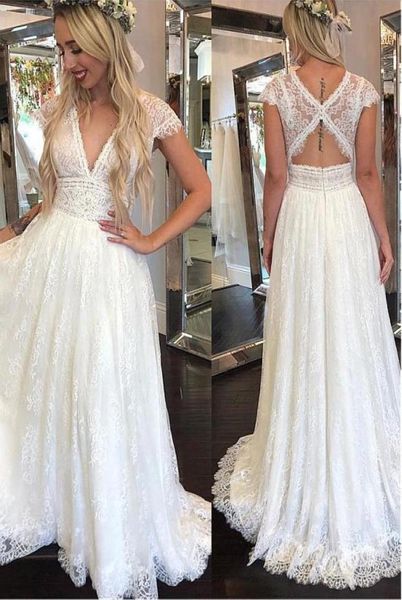 

lace boho wedding dresses v neck backless beach wedding dress a line full lace rustic country wedding gowns for women b1505600, White