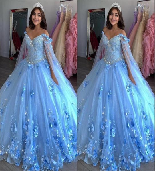 

light blue new sweet 16 dresses ball gowns hand made flowers beaded applique vestidos de quinceanera dress with wraps prom pageant7558348, Blue;red