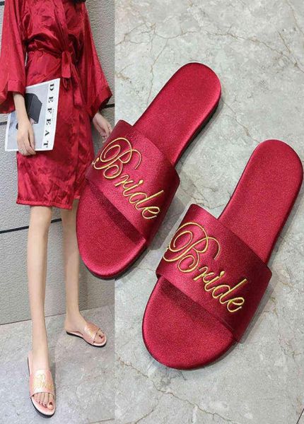 

embroidery 2021 new wedding bridesmaid slippers women wedding satin red slippers wedding bride morning gown with shoes women y1207841569, Black