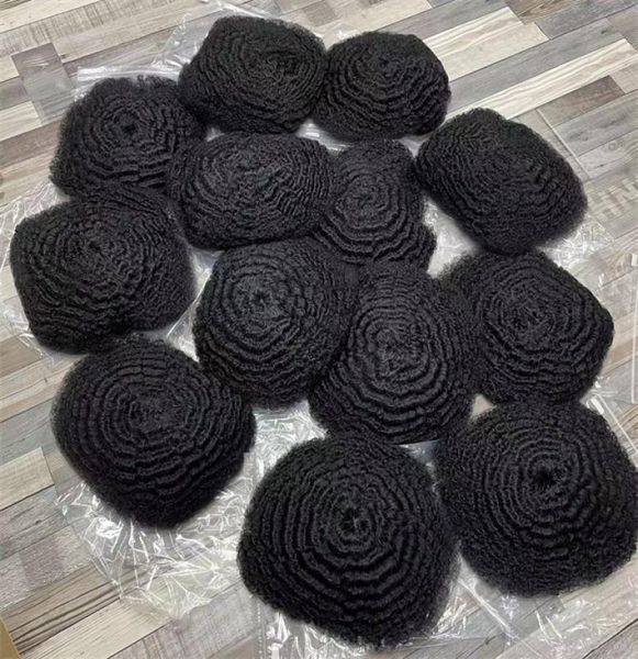 

4mm afro kinky curl brazilian virgin human hair piece black color mono lace with pu toupee for black men fast express delivery3470317
