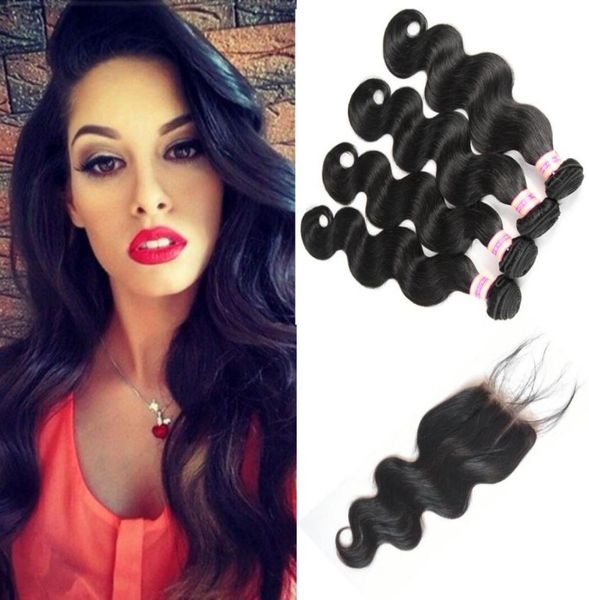 

siyusi hair products brazilian virgin hair with closure body wave human hair weave bundles with closure 34 bundles with lace clos1010845, Black;brown