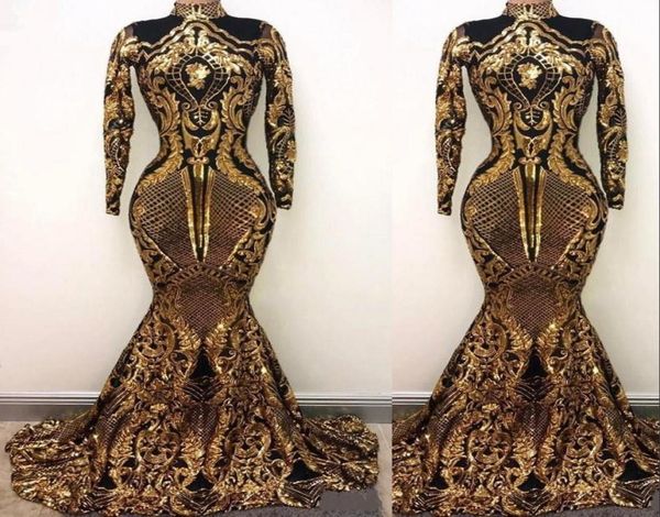 

2021 bling luxury long sleeves prom dresses mermaid high neck holidays graduation wear black gold sequins evening party gowns cust6207999