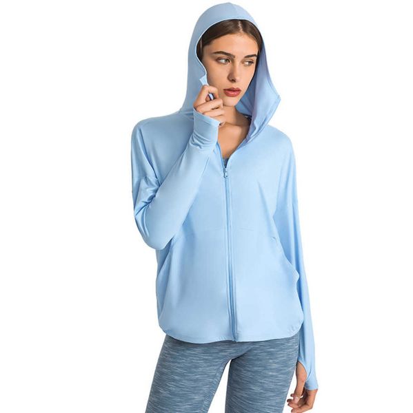 

lu-185 women yoga coat hoodie upf clothes runing rashguard ice silk quick drying outdoor sports rash guards leisure mountaineering sun prote, Black