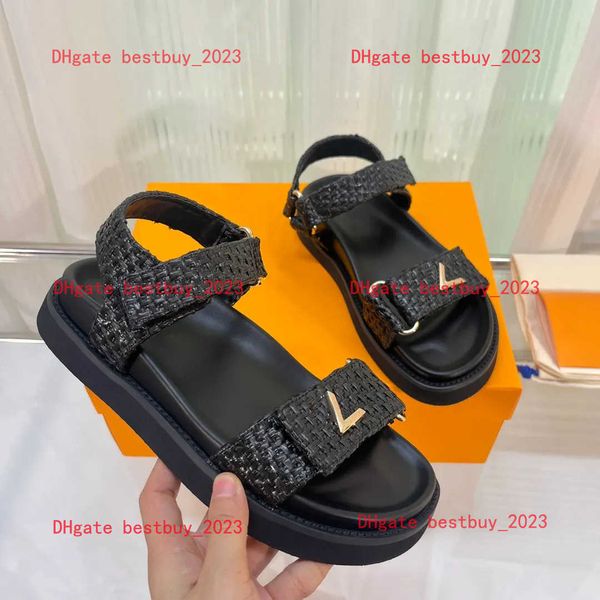

2023 summer new womens designer flat sandales beach shoes classic casual sandels genuine leather fashion versatile, Black